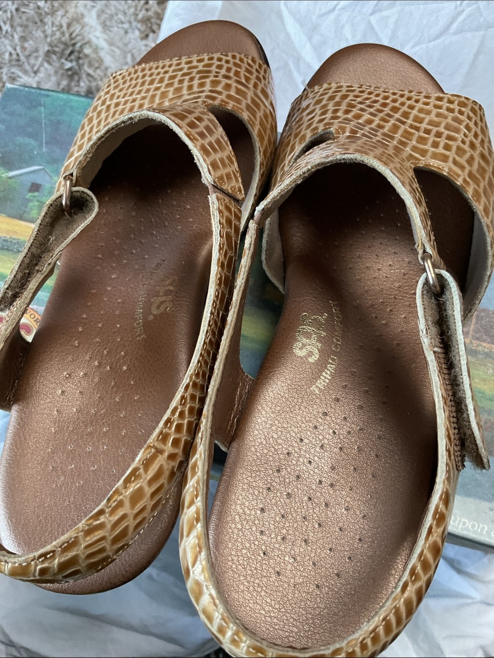 SAS Croc-Embossed Slingback Sandals in Tan and Bronze